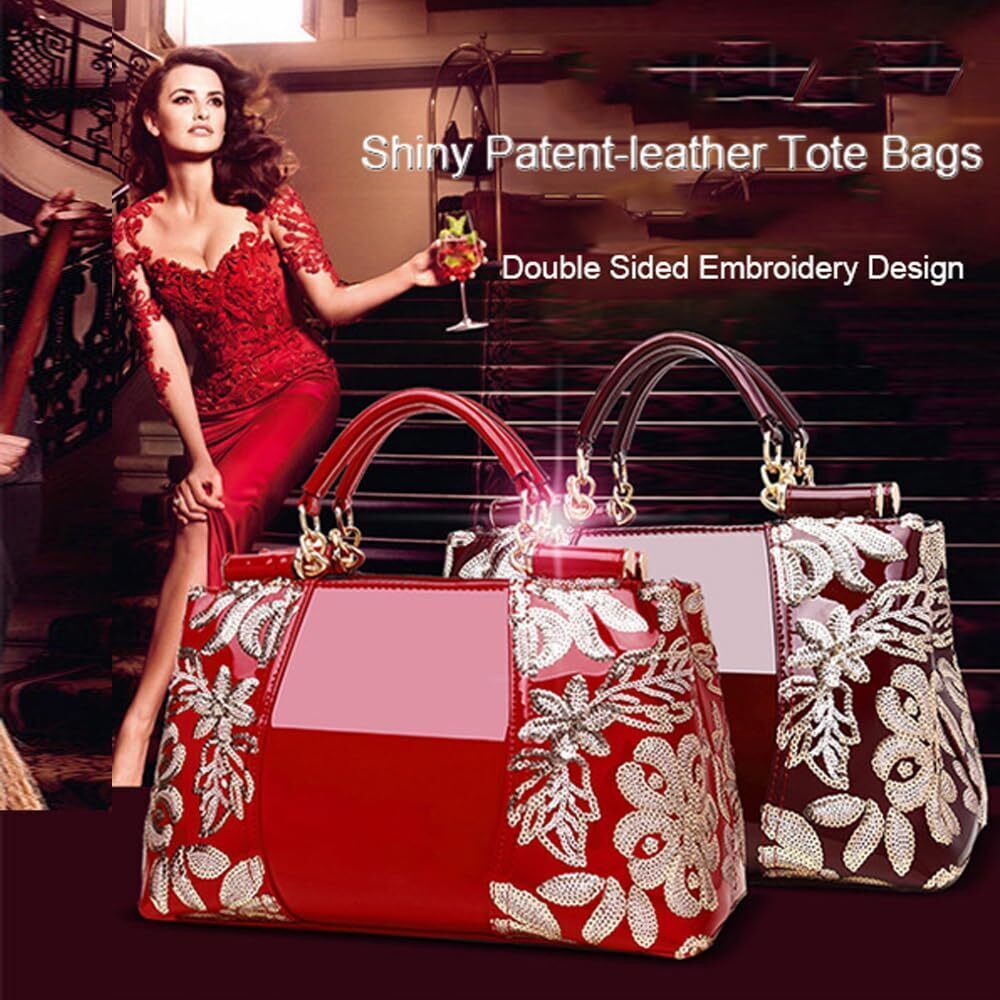 6810 Red Patent Leather Satchel Handbag - Sequined Embroidery, Top Handle & - Picture 4 of 6